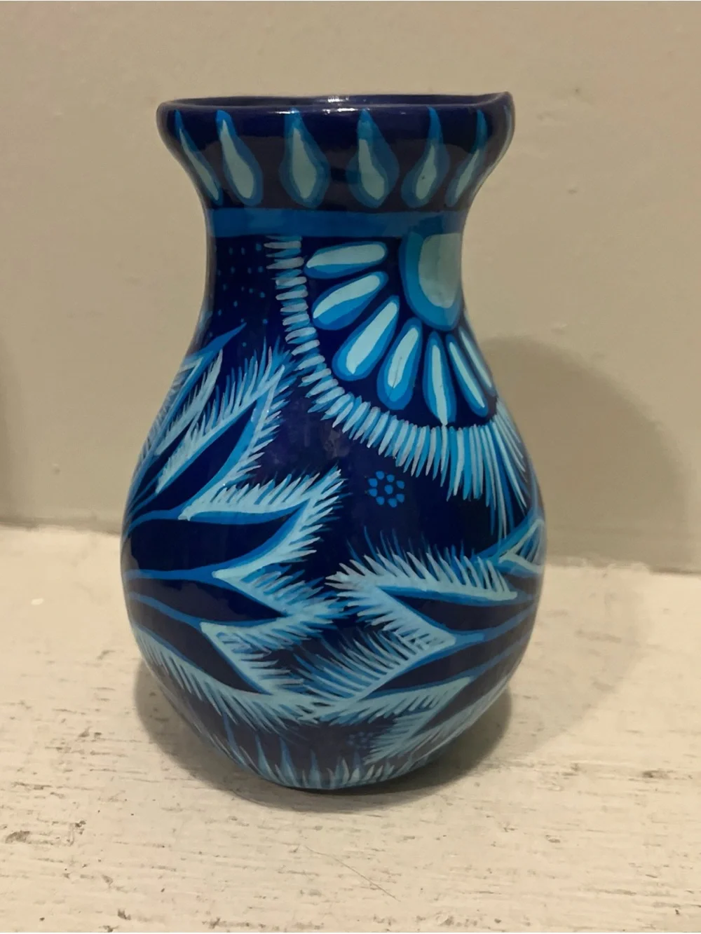 Mexican Hand-Painted Folk Art Red Clay Blue Floral Bud Vase 5”